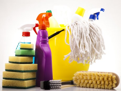 Deep cleaning tools and tidy home interior